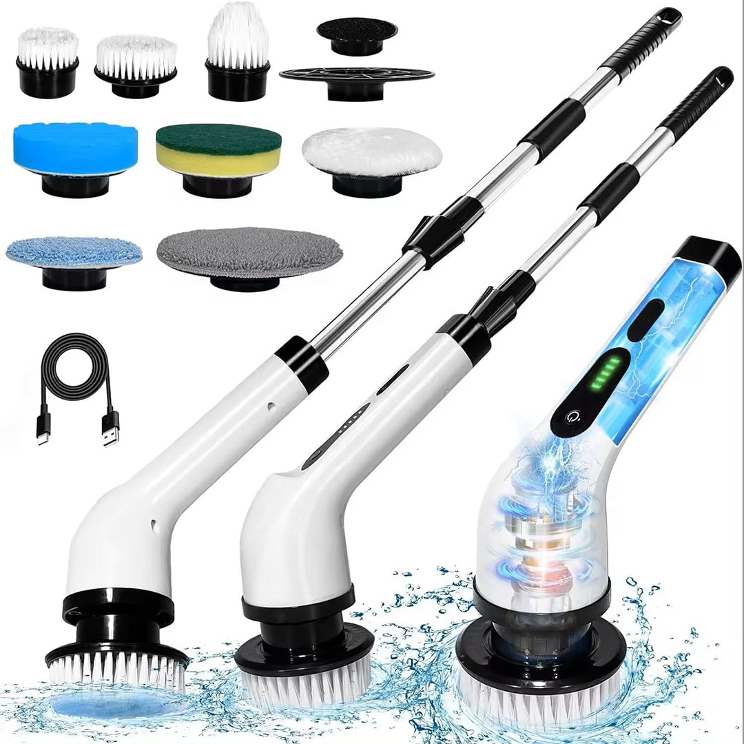 Escova elétrica com cabo extensor e as nove cabeças de limpeza